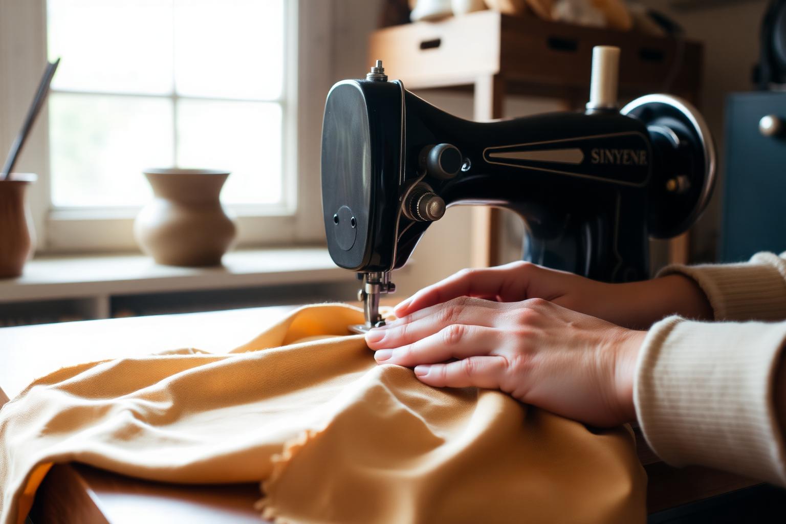 Handen die mosterdgele stof onder de naaimachine doorvoeren