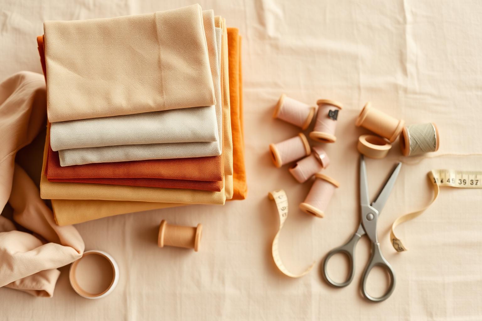Werkbank met stapels stoffen in aardetinten, garenklosjes en een schaar
