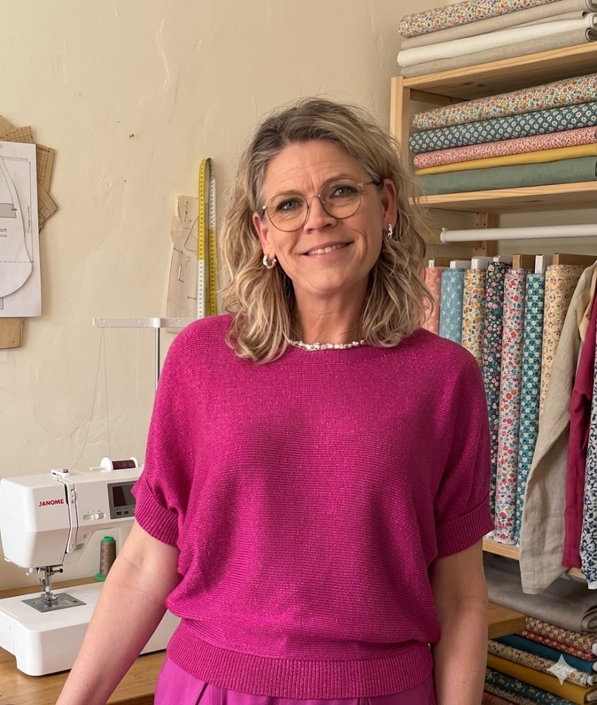 Portret van Vrouwkje, de maker, glimlachend in haar atelier