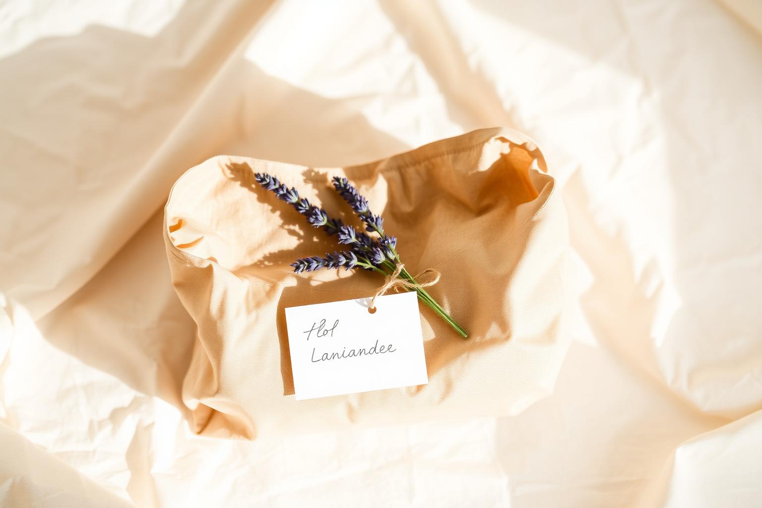 Een handgemaakte tas verpakt in bruin papier met een handgeschreven kaartje en een takje gedroogde lavendel