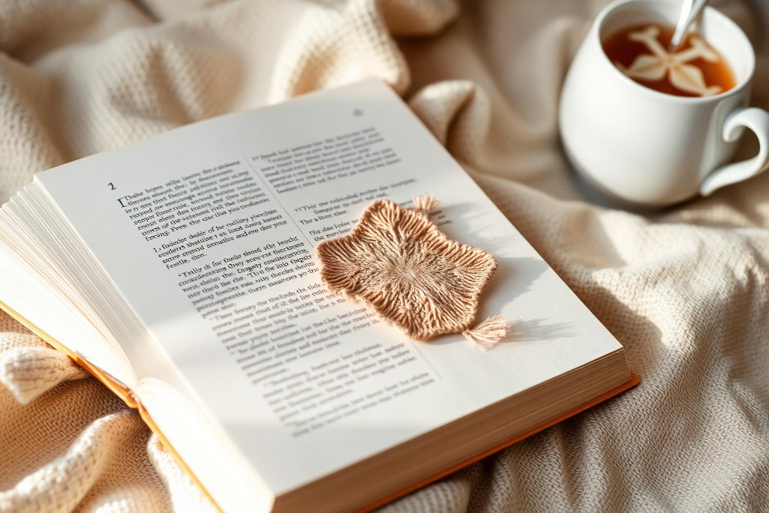 Een open paperback met een handgemaakte stoffen bookmark op een crèmekleurige deken naast een mok thee