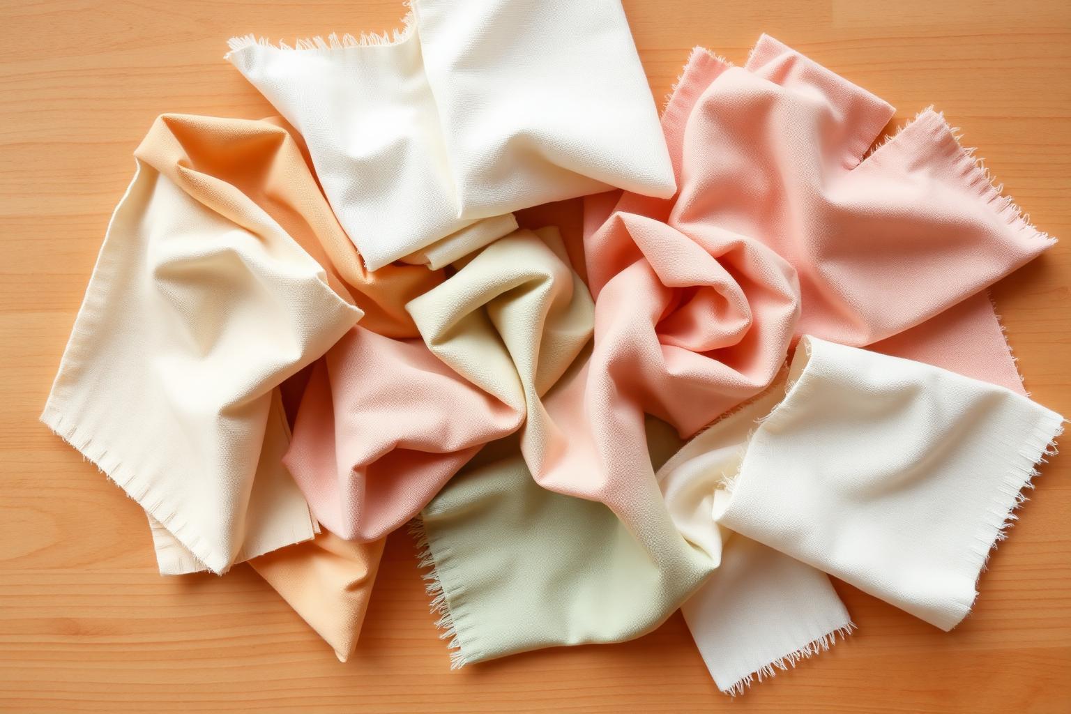 Verschillende stofresten in zachte tinten crème, zand, zacht roze en zachtgroen op een warm houten oppervlak
