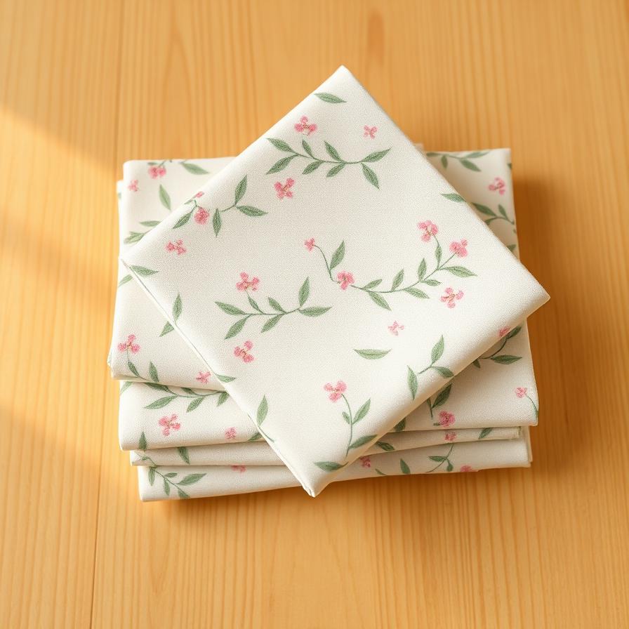 Stapel katoenen stof met fijn bloemmotief in roze en groen op cremekleurige achtergrond